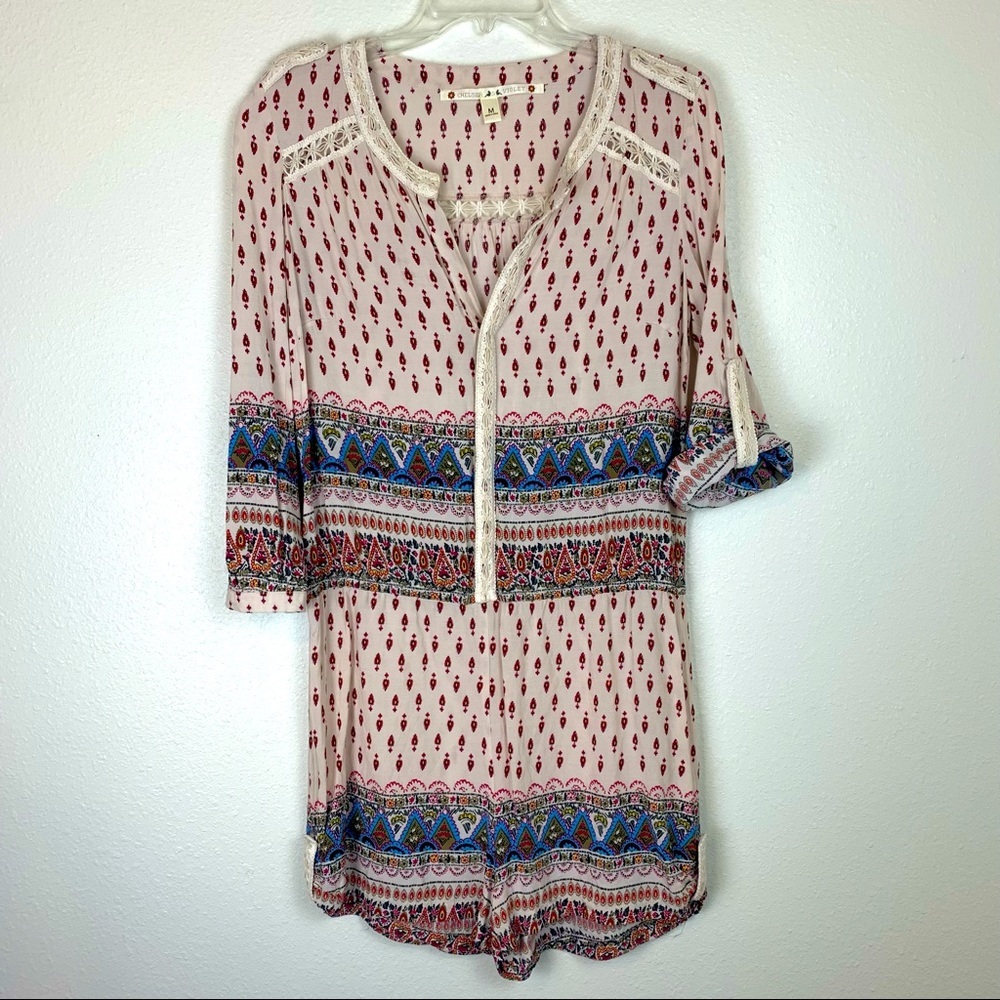 Chelsea & Violet Medium Long Sleeve Shorts Romper Jumpsuit Boho Cream Paisley